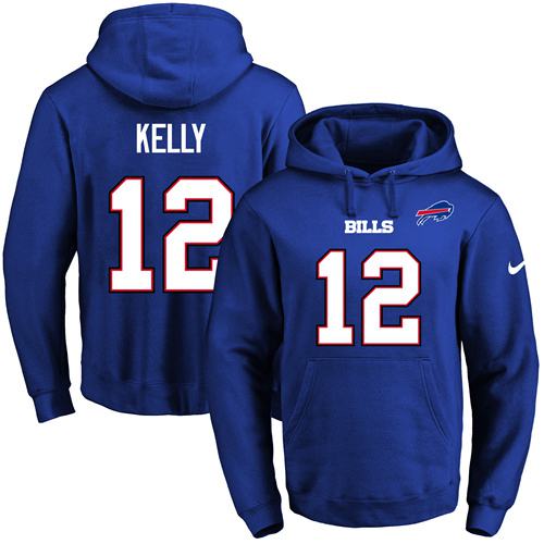 Nike Bills #12 Jim Kelly Royal Blue Name & Number Pullover NFL Hoodie - Click Image to Close